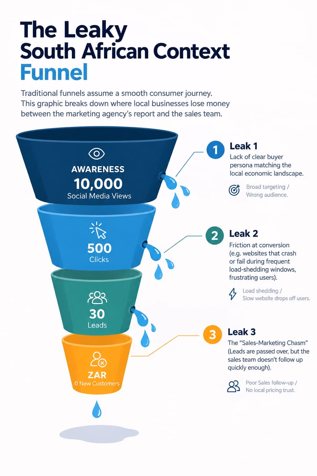diagram of leaking marketing funnel